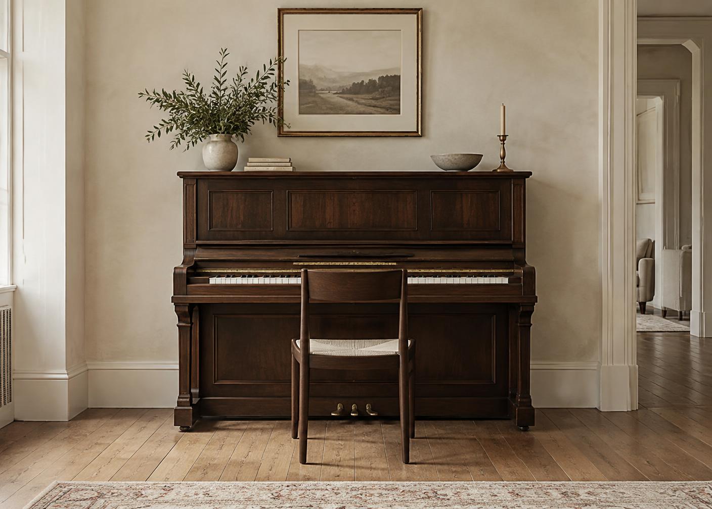Upright piano and chair in a refined, quiet home interior